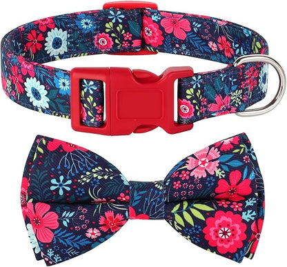 Didog Floral Dog Collar with Bow, Cute Girl Dog Collars with Detachable Bowtie, Soft & Comfy Spring Summer Dog Collar for Small Medium Large Dogs Gift Holiday, Red, L