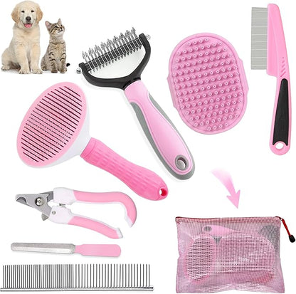 Dog Brush Dog Grooming Kit 7PCS Dog Brush for Shedding-Dog Brushes for Grooming, Dematting Comb for Dogs, Cat & Dog Nail Clipper with Nail File, Flea Comb, Pet Comb, Dog Bath Brush-Pink