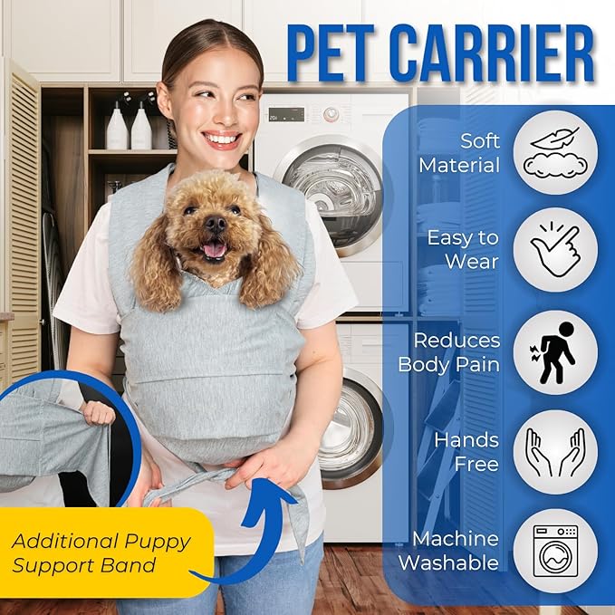Dog Swaddle Carrier-Sling for Small Dogs-Stylish Grey Shoulder and Neck Dog Holder Carrier-Hands Free and Adjustable Dog Wrap Puppy Pouch Carrier Front-Puppy Sling Carrier for Small Dogs 0-15 lbs