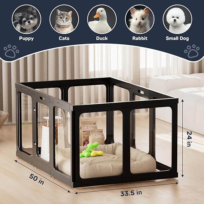 Acrylic Dog Playpen Indoor, 10 PCS Plastic Puppy Playpen with Door, Clear PlayPen for Dog Cat Rabbit Ferret, Preferable Small Dog Cage, Easy Assemble Pet Pen, 50" L x 33.5" W x 24" H, Black