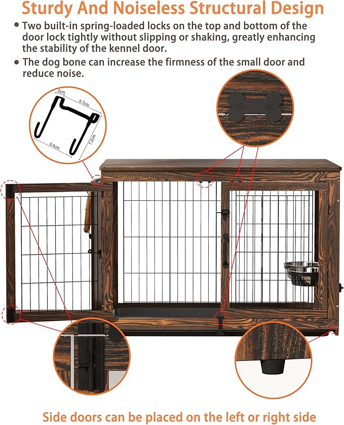 Piskyet Wooden Dog Crate Furniture with 360°Rotatable Removable Dog Bowls, Dog Crate End Table with Tray, Double Doors Dog Kennels for Dogs(M:31.8" L*22.1" W*24.1" H, Rustic Style)