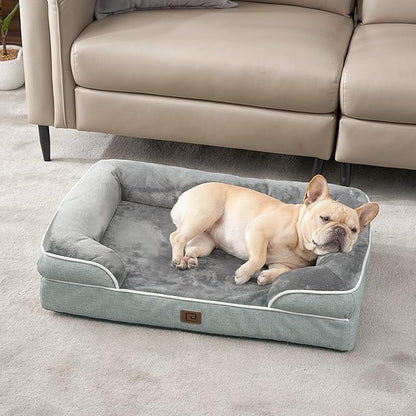 EHEYCIGA Orthopedic Dog Beds for Large Dogs, Waterproof Memory Foam Large Dog Bed with Sides, Non-Slip Bottom and Egg-Crate Foam Large Dog Couch Bed with Washable Removable Cover, Greyish Green