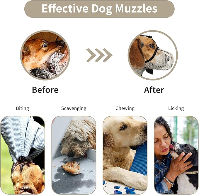 Dog Muzzle, Breathable Soft Muzzle for Medium to Large Dogs to Anti & Prevent Barking Biting Chewing, Reflective & Adjustable Basket Muzzle with Air Mesh for Beagle Beige L