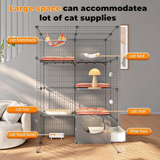 Oneluck Cat Cage with Litter Box, 4-Tier DIY Enclosures Detachable Metal Wire Kennel Indoor Crate Large Exercise Place Ideal for 1-2 Cats