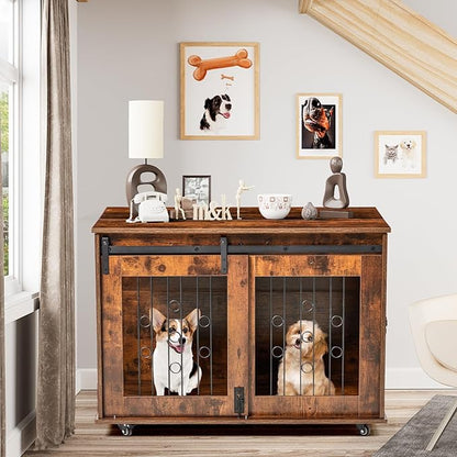 2 Rooms Dog Crate Furniture with Movable Divider,39" Wooden Dog Crate Table,Wooden Dog Kennel Pet House Cage,Flip Top 39.37_x25.2_x28.94_