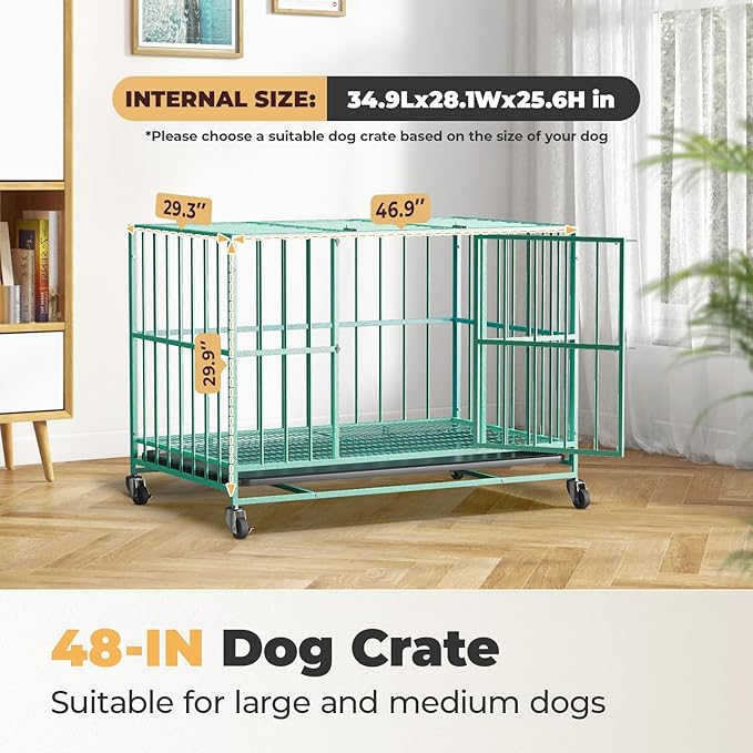 Green 48 in Heavy Duty Dog Crate Steel Escape Proof, Indoor Double Door High Anxiety Cage, Removable Tray, Kennel with Wheels,XL XXL
