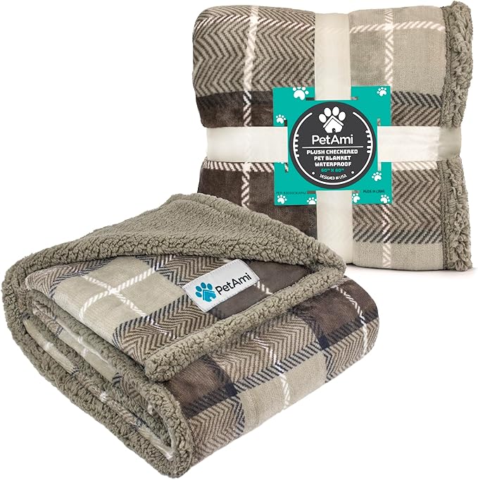 PetAmi Waterproof Dog Blanket for Small Medium Dog, Pet Puppy Blanket Couch Cover Protection, Sherpa Fleece Cat Blanket Couch Sofa Bed Furniture Protector Reversible Soft Washable 29x40 Plaid Taupe