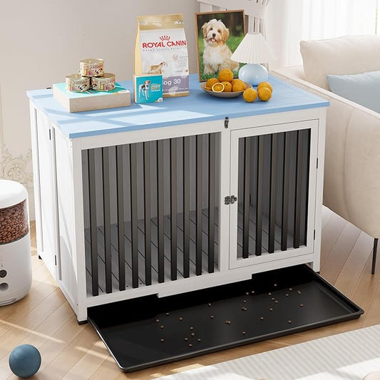 39.5in Furniture Dog Crate, Large/Medium Dog Crate End Table, Solid Wood Portable Foldable Indoor, No Assembly Needed (White and Blue)