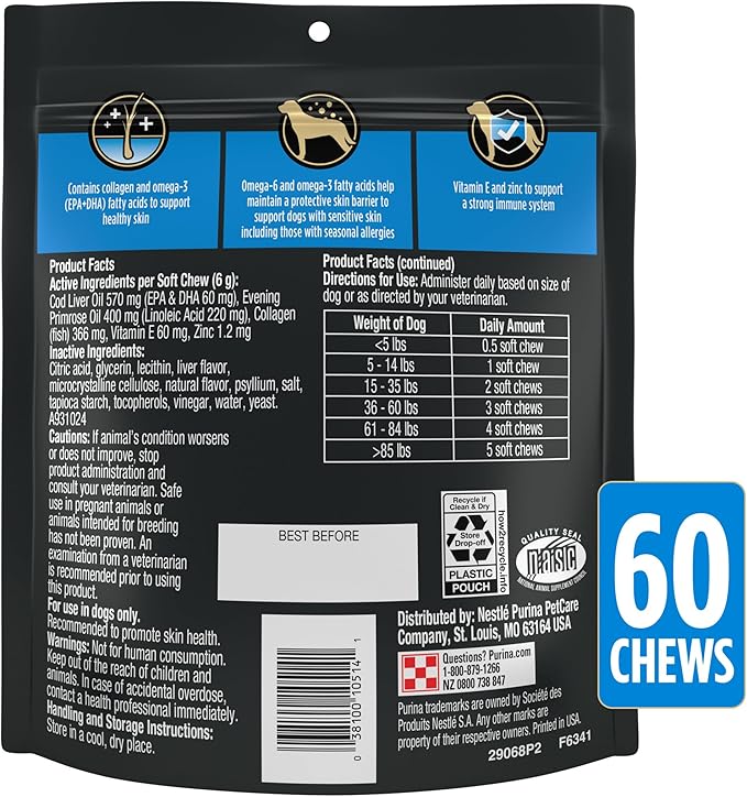 Purina Pro Plan Veterinary Supplements Skin Care Dog Supplements With Omega-3 Fish Oil and EPA and DHA - (Pack of 3) 60 ct. Pouches
