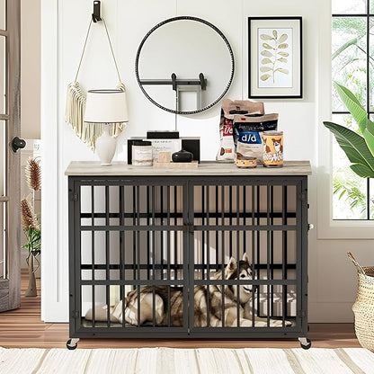 NicBex Dog Crate Furniture, 43.3" L Double Doors Flip-Top Kennel for Large Dogs, Grey