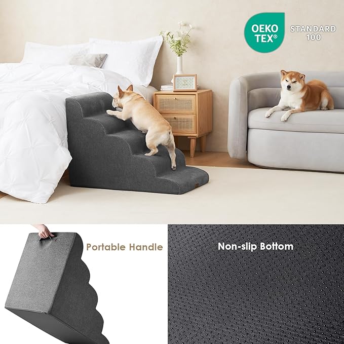 EHEYCIGA Curved Dog Stairs Ramp for High Beds, 5-Step Extra Wide Dog Steps for Small Dogs and Cats, Pet Stairs for High Bed Climbing, Non-Slip Balanced Pet Step Indoor, Grey
