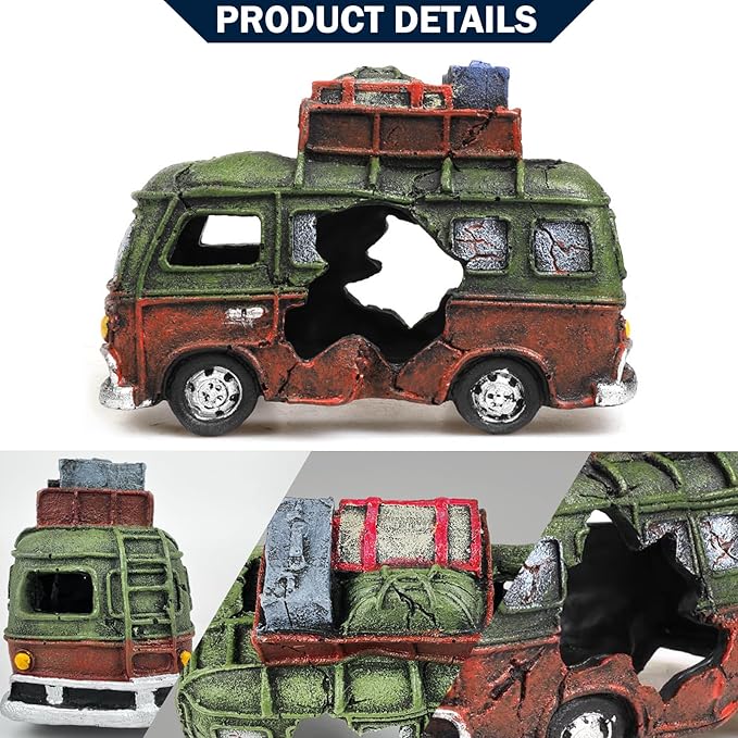 Car Wreckage Aquarium Ornament Car Wreckage for Fish Tank Underwater Landscape Decoration Hiding Cave Hideouts House Plants Supplies Accessories – Small（Green）