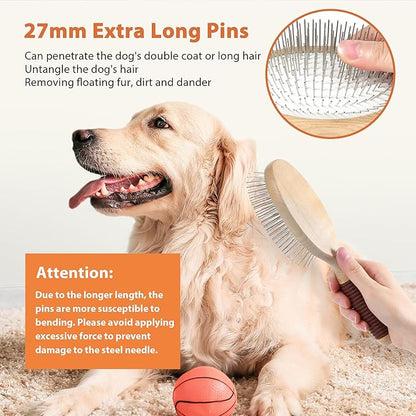 Dog Brush, Pin Brush for Dogs, 27mm Extra Long Pin Brush, Dog Grooming Brush for Shedding, Dog Brush for Long Haired Dogs - Ash Wood Material, Non-Slip Rubber Handle, Round-Tipped Pins