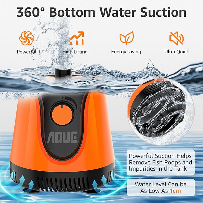 AQUE 360° All-round Water Intake Submersible Pump. It is suitable for fish tanks, ponds, aquariums and hydroponic systems. It comes with a 6-foot power cord and 4 nozzles. (60W)