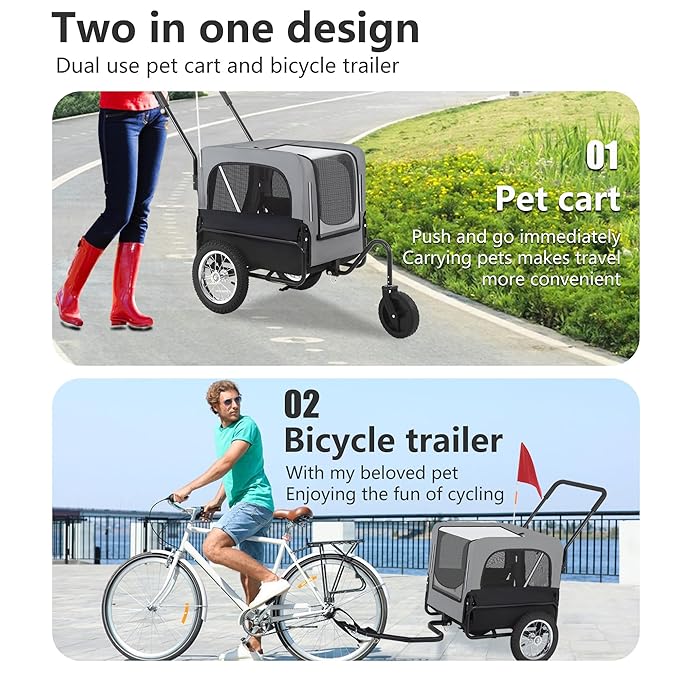 FDW Dog Stroller 2-in1 Dog Bike Trailer Pet Stroller Bicycle Carrier with Hitch Suspension Visibility Flag & Reflectors for Small Medium & Large Dogs, Gray