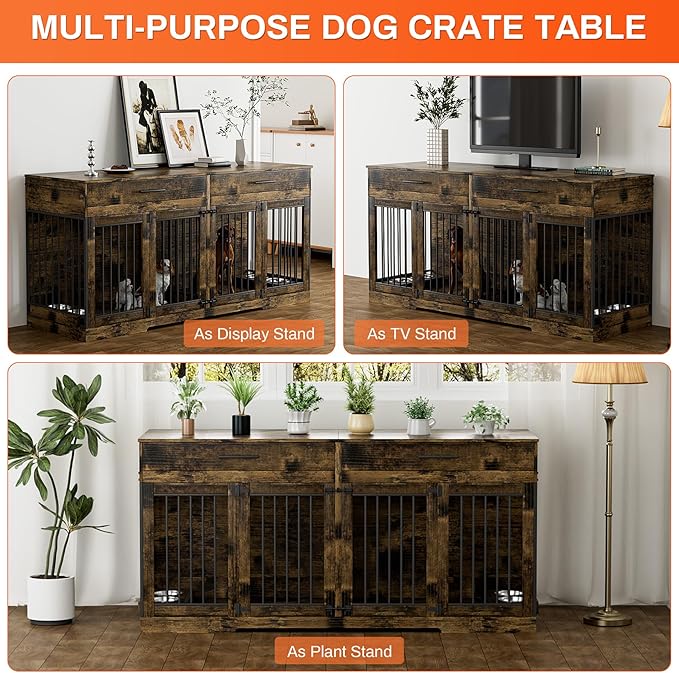 Rophefx 72" Dog Crate Furniture for 2 Dogs, Large Dog Kennel Furniture with 2 Storage Drawer and 4 Bowls, Wooden Dog Cage with Removable Divider, Indoor Dog House TV Stand for Medium Dog, Rustic Brown