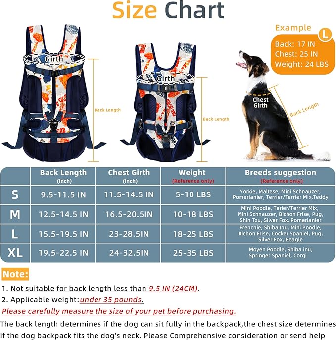 Dog Front Carrier Backpack, Dog Backpack Carrier Soft Pad, Pet Legs Out, Easy-Fit Dog Front Carrier for Small Medium Puppy, Hands Free Dog Carrier Adjustable for Cycling Hiking (Color Letters, L)