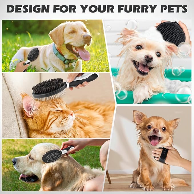 2PCS Dog Grooming Tools - Double-Sided Bath Brush for Shedding and Bathing - Small Animals Brushes, Suitable for Short/Long Haired Dogs, Premium Pet Supplies (Black White)