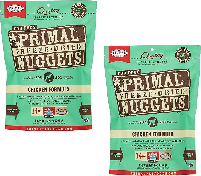 Primal Freeze Dried Dog Food Nuggets, Chicken; Complete & Balanced Meal; Also Use as Topper or Treat; Premium, Healthy, Grain Free, High Protein Raw Dog Food, 14 oz (Pack of 2)