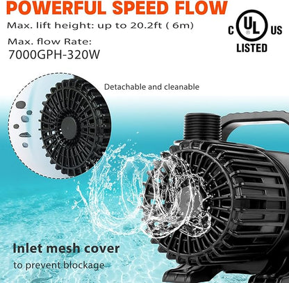 WaterRebirth (7000GPH-320W, UL listed) Large Fountain Submersible Water Pond Sump Pump Aquarium Electric Waterfall Pump Outdoor PS- 7000