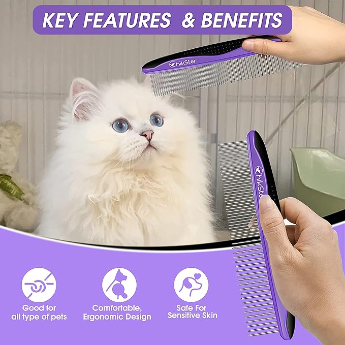 Dog Comb for Grooming Pet Comb with Stainless Steel Rounded Teeth Rubber Handle for Large Medium & Small Cat Comb Removes Knots & Tangled Hair