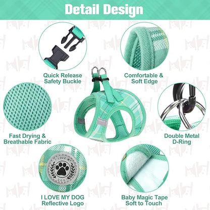 BEAUTYZOO Small Dog Harness and Leash Set,Step in No Chock No Pull Soft Mesh Dog Harnesses Reflective for Extra-Small/Small Medium Puppy Dogs and Cats, Plaid Dog Vest Harness for XS S Pets, Teal XS