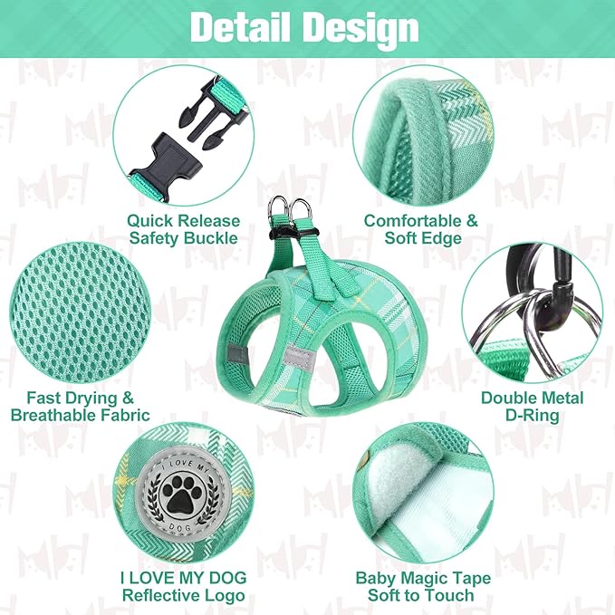 BEAUTYZOO Small Dog Harness and Leash Set,Step in No Chock No Pull Soft Mesh Dog Harnesses Reflective for Extra-Small/Small Medium Puppy Dogs and Cat, Plaid Dog Vest Harness for XS S Pet,Turquoise XXS