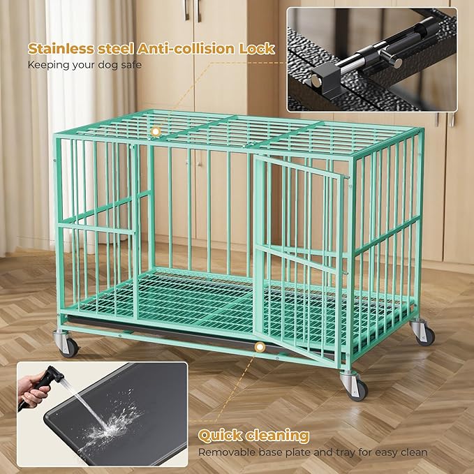 Green 48 in Heavy Duty Dog Crate Steel Escape Proof, Indoor Double Door High Anxiety Cage, Removable Tray, Kennel with Wheels,XL XXL