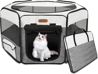 Dog Playpen, Portable Pet Play Pen Foldable Carrying Case, Puppy Pens Outsid for Small Cat Indoor/Outdoor, Removable Mesh Shade Cover