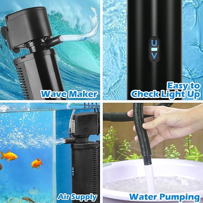 Aquarium Filter U-V w/Scientific 3,6,12,24H Timer 200GPH for 20-75Gal Fish Turtle Tank Bio Sponge Internal Filter Power Pump Deodorization Saltwater Freshwater Killing Green Clean Machine Air Supply
