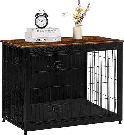 DWANTON Dog Crate Furniture with Cushion, Wooden Kennel Table with Double Doors, Indoor Dog House, Large Size, 38.5" L, Black+Rustic Brown