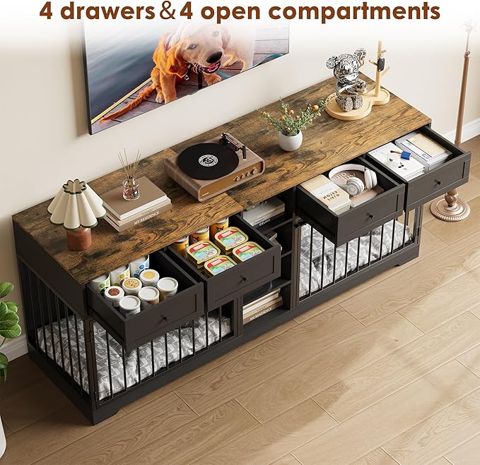 82 Double Dog Crate Furniture, Large Dog Kennel Indoor for 2 Dogs, Heavy Duty Wooden Dog Crate TV Stand with 4 Drawers and Shelves, Black