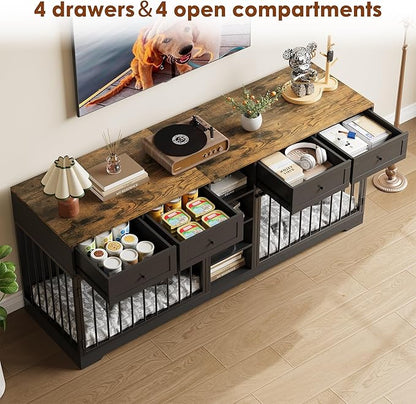 82 Double Dog Crate Furniture, Large Dog Kennel Indoor for 2 Dogs, Heavy Duty Wooden Dog Crate TV Stand with 4 Drawers and Shelves, Black