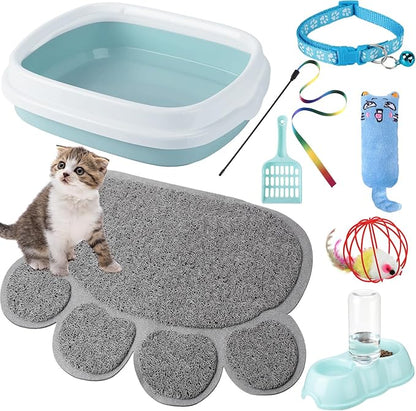 7 Pcs Small Cat Kitten Starter Kit Cat Litter Box with Shovel Paw Litter Mat Double Automatic Kitten Bowls Toy Teaser Stick Collar Essentials Kits for 1-3 Lbs Beginner(Stylish,Fresh Blue)