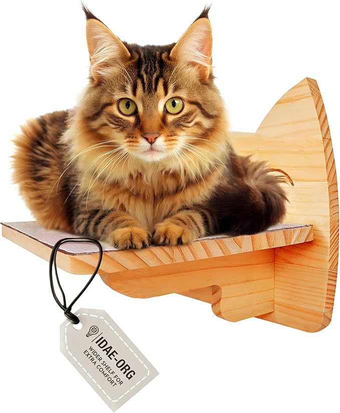 IDAE Cat Wall Shelf – Modern Wall-Mounted Furniture with Face Design – Wooden Perch for Large Indoor Pets – Natural Pine Climbing Shelf