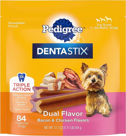 Pedigree Dentastix Dual Flavor Small Breed Dog Treats, Bacon & Chicken, 17.78 oz. Bag (84 Treats)