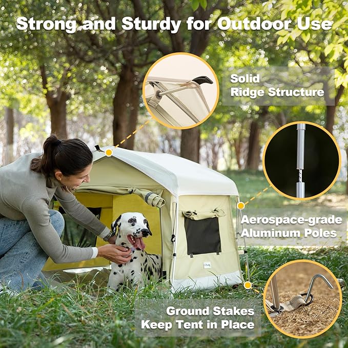 Dog Tent Cotton Fabric, Aluminum Poles and Camping Mat, Outdoor Weatherproof, Dog House Outdoor, Breathable with 2 Side Windows, Portable and Collapsible (Green, Large)