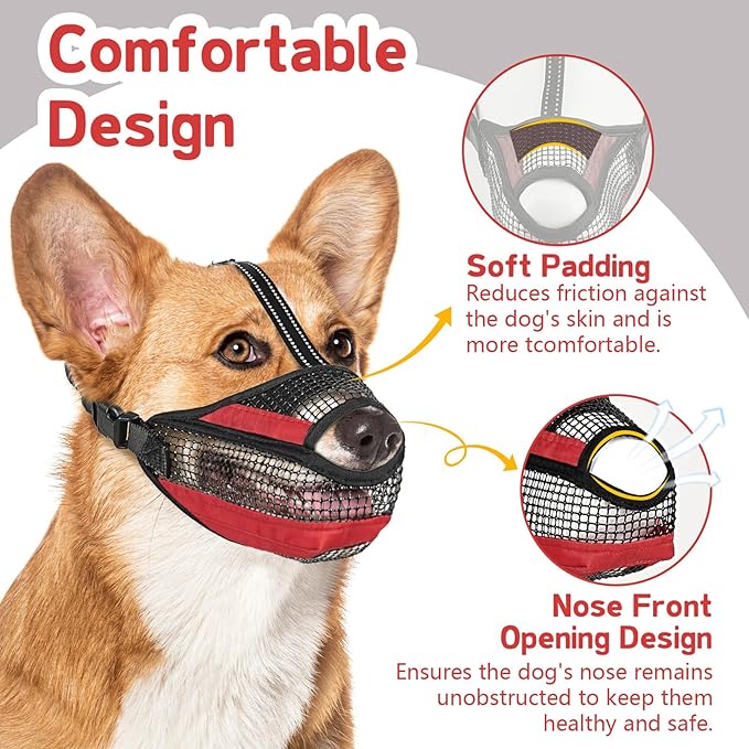 Dog Muzzle for Large Medium Small Dogs, Soft Mesh Muzzle for Dogs with Reflective Adjustable Strap, Prevent Biting Chewing and Licking, Dog Nose Open Design for Reduction Friction (Red, L)