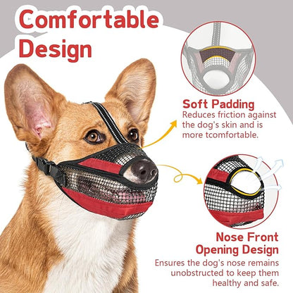 Dog Muzzle for Large Medium Small Dogs, Soft Mesh Muzzle for Dogs with Reflective Adjustable Strap, Prevent Biting Chewing and Licking, Dog Nose Open Design for Reduction Friction (Red, XS)
