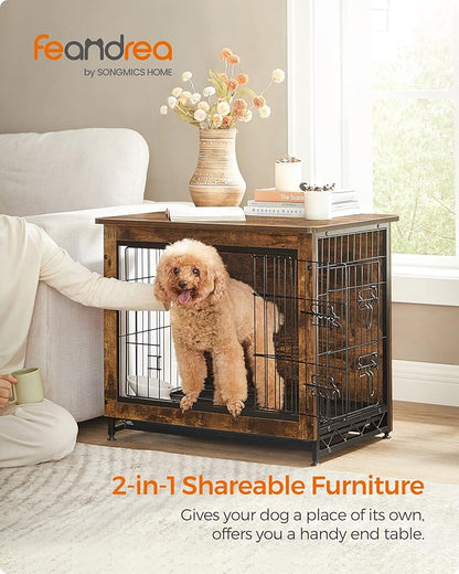 Feandrea Dog Crate Furniture, 27.2" Side End Table, Modern Kennel for Dogs Indoor up to 30 lb, Heavy-Duty Dog Cage with Multi-Purpose Removable Tray, Double-Door Dog House, Rustic Brown UPFC001X01
