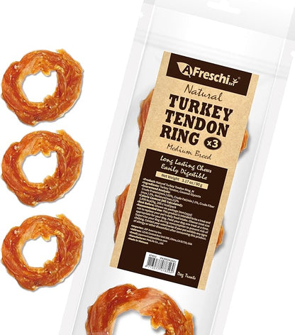 Afreschi Turkey Tendon for Dogs, Medium Ring 3.17 oz, USA-Sourced Turkey, All Natural Human Grade Dog Chew, Hypoallergenic, Rawhide Alternative, Dog Treats for Medium Breeds