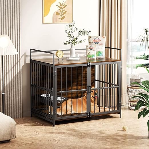 41 Inch Furniture Style Large Dog Crate with 360° & Adjustable Raised Feeder for Dogs 2 Stainless Steel Bowls -End Table House Pad, Indoor Use Brown