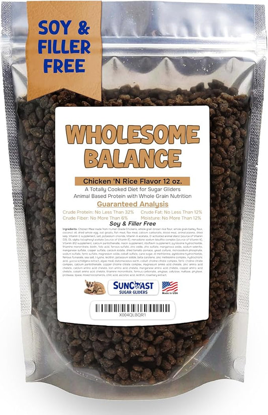 Wholesome Balance Sugar Glider Food - Chicken & Rice | 12 Ounces of Premium Dense Food for Sugar Gliders and Small Animals - 1 Months Supply