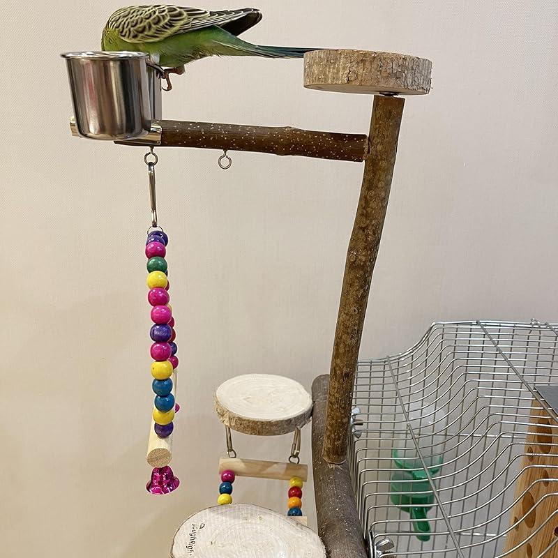 Natural Wood Bird Perch Playground for Outside the Cage Wall, Bird Platform and Play Area for Small to Medium Parrots like Cockatiels, Conures, Parrotlets, Lovebirds, and Budgies, Bird Cage Accessory