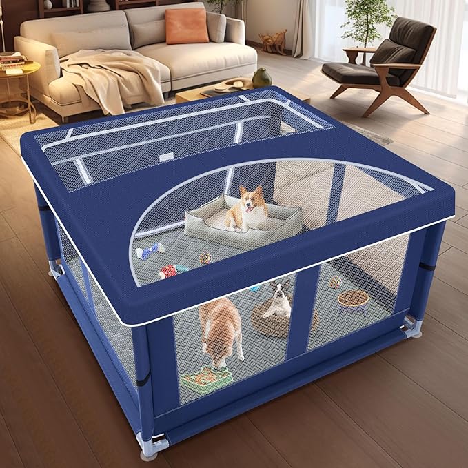 42x42 Inches Puppy Playpen with Cover&Dog Pads, Dog Playpen for Puppies or Small Dogs, Pet Playpen for Indoor & Outdoor, Sturdy Safety Dog Pen with Thickened Fabric