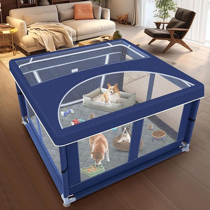 42x42 Inches Puppy Playpen with Cover&Dog Pads, Dog Playpen for Puppies or Small Dogs, Pet Playpen for Indoor & Outdoor, Sturdy Safety Dog Pen with Thickened Fabric