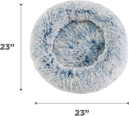 Best Friends by Sheri Original Calming Donut Dog and Cat Bed, Shag Faux Fur, Denim Blue, (23in x 23in) - Anxiety Relief for Pets Up to 25 lbs