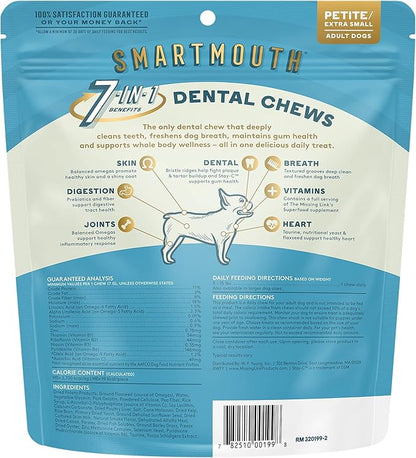 The Missing Link Smartmouth Vet Developed Dental Chew Treats, 7-in-1 Benefits: Healthy Teeth & Gums, Breath, Skin, Joints, Digestion, Heart, Immune System  Petite/XS 5-15lb Dogs, 28 Ct