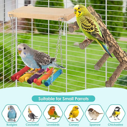 3in1 Bird Chewing Toys for Small Animal, Wooden Ladder Perch for Cage, Parrot Platform Colourful Swing Hammock Bridge Climbing Exercise Cage Accessories for Budgies Cockatiels Lovebirds Hamster