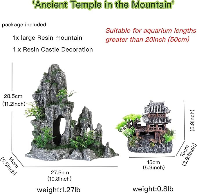 Extra Large Aquarium Decorations kit - “Ancient Temple in The Mountain”, Japanese Aquarium Decorations Resin Aquarium Castle Decorations Aquarium Mountain View Stone